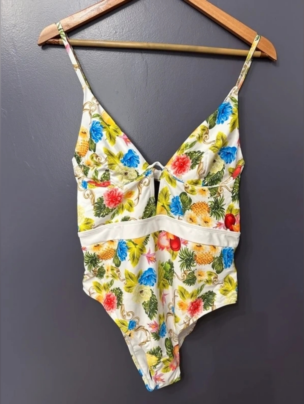 Tropical Floral One-Piece Swimsuit - White Base with Blue, Yellow & Pink Flowers